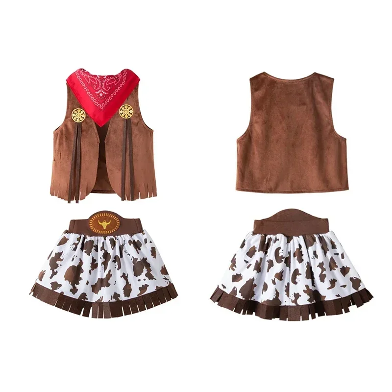 Little Girls Western Cowgirl Dress‑Up Outfit Fringe Cow Print Skirt Kids Costume Set for Carnival Theme Party