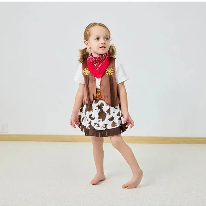Little Girls Western Cowgirl Dress‑Up Outfit Fringe Cow Print Skirt Kids Costume Set for Carnival Theme Party
