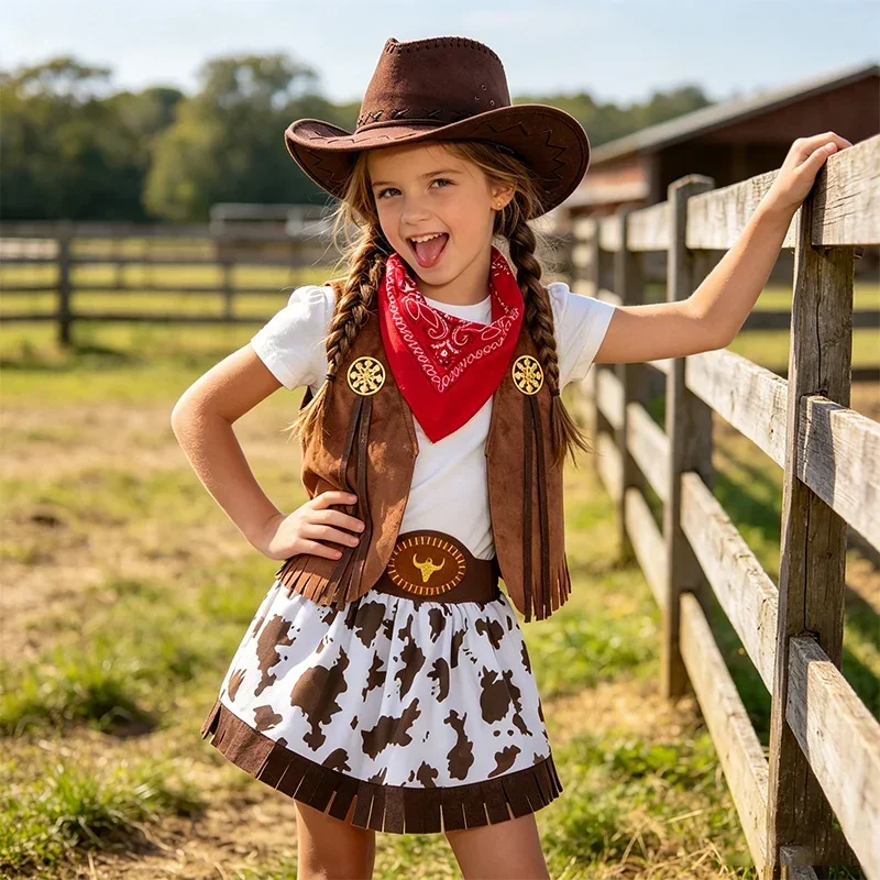 Little Girls Western Cowgirl Dress‑Up Outfit Fringe Cow Print Skirt Kids Costume Set for Carnival Theme Party