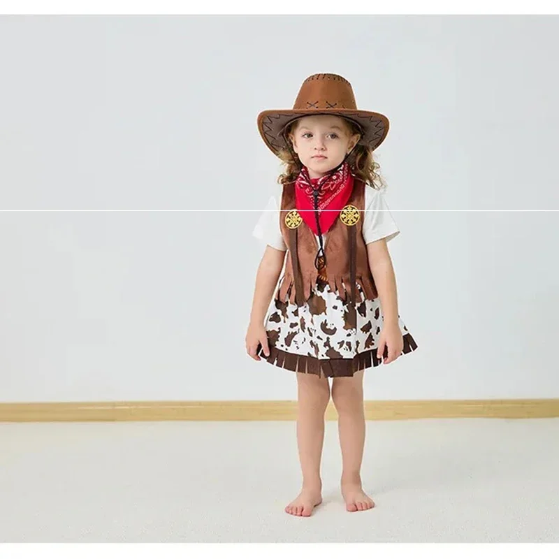 Little Girls Western Cowgirl Dress‑Up Outfit Fringe Cow Print Skirt Kids Costume Set for Carnival Theme Party