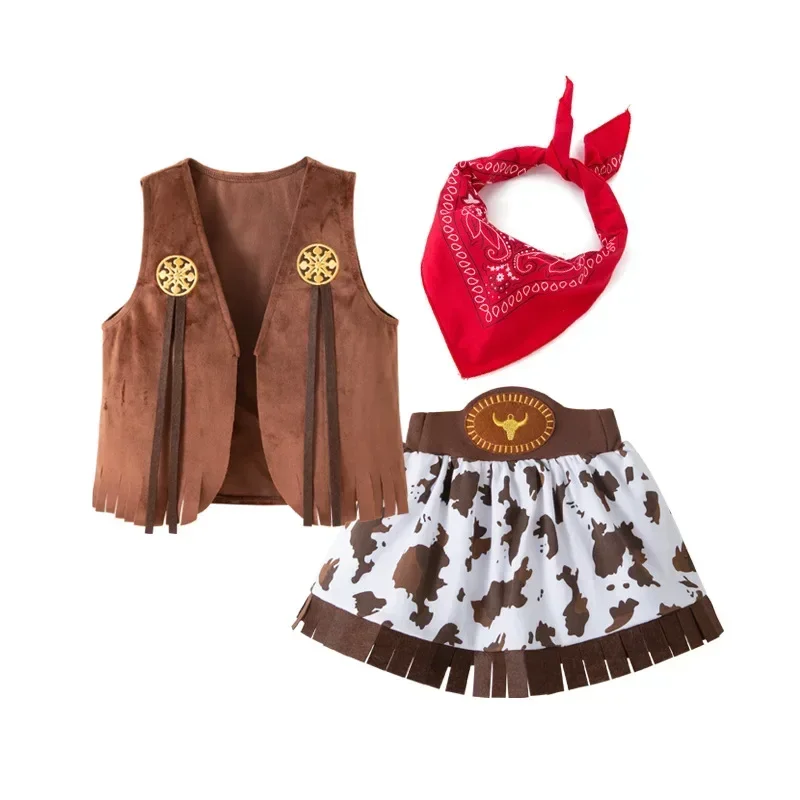 Little Girls Western Cowgirl Dress‑Up Outfit Fringe Cow Print Skirt Kids Costume Set for Carnival Theme Party