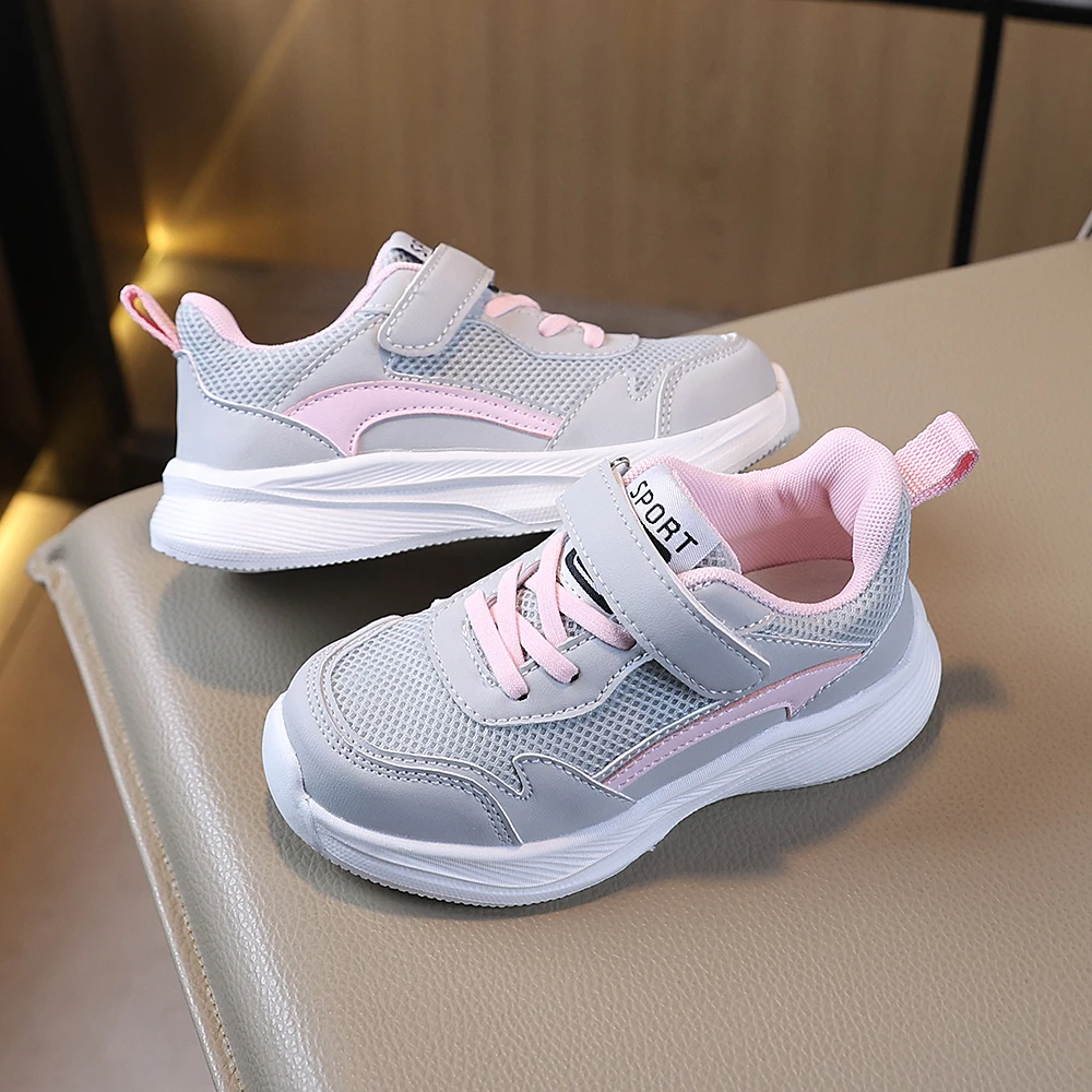 COMFY KIDS Girls Grey Pink Mesh Hook and Loop Running Shoes, Soft Cushioned Non-Slip Breathable Kids Athletic Sneakers, All Seas
