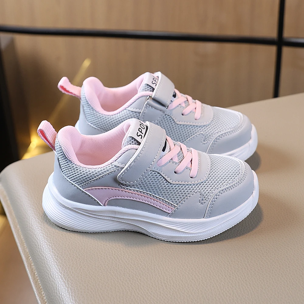COMFY KIDS Girls Grey Pink Mesh Hook and Loop Running Shoes, Soft Cushioned Non-Slip Breathable Kids Athletic Sneakers, All Seas