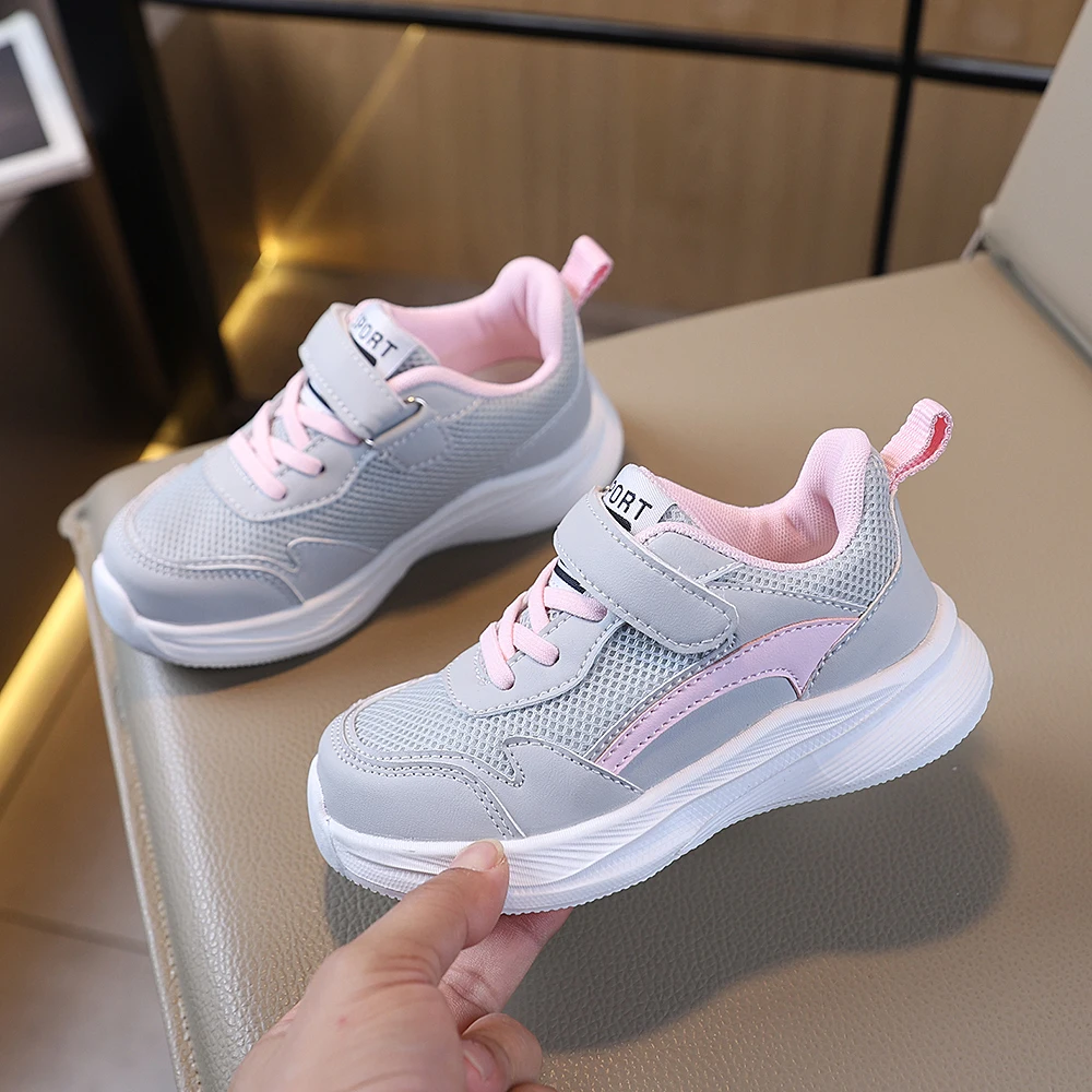 COMFY KIDS Girls Grey Pink Mesh Hook and Loop Running Shoes, Soft Cushioned Non-Slip Breathable Kids Athletic Sneakers, All Seas