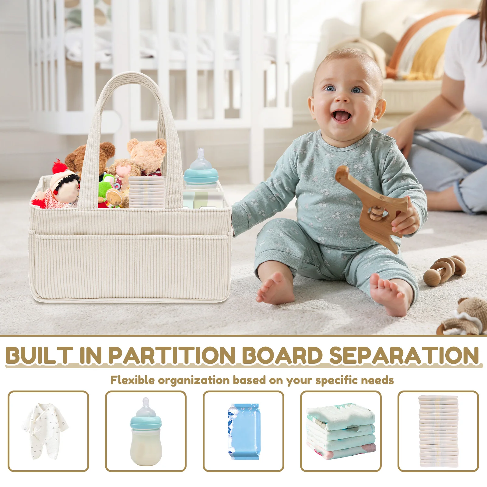 Baby Diaper Caddy Organizer Corduroy Diaper Storage Basket with Handle Foldable Multi-pocket Newborn Nappy Storage Organizer