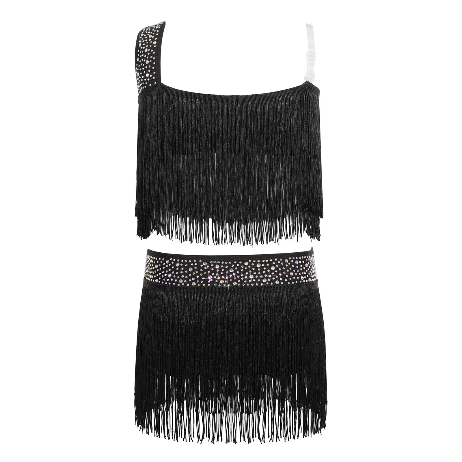 6-16Y Girls Latin Jazz Dance Cha-Cha Rumba Samba Tango Salsa Performance Dress Shiny Rhinestones Cutout Tassel Leotard Dresses