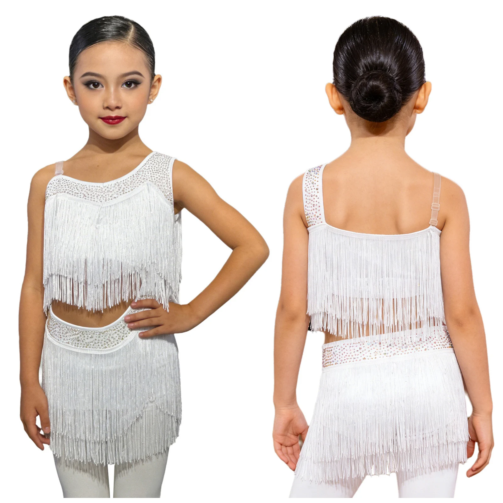 6-16Y Girls Latin Jazz Dance Cha-Cha Rumba Samba Tango Salsa Performance Dress Shiny Rhinestones Cutout Tassel Leotard Dresses