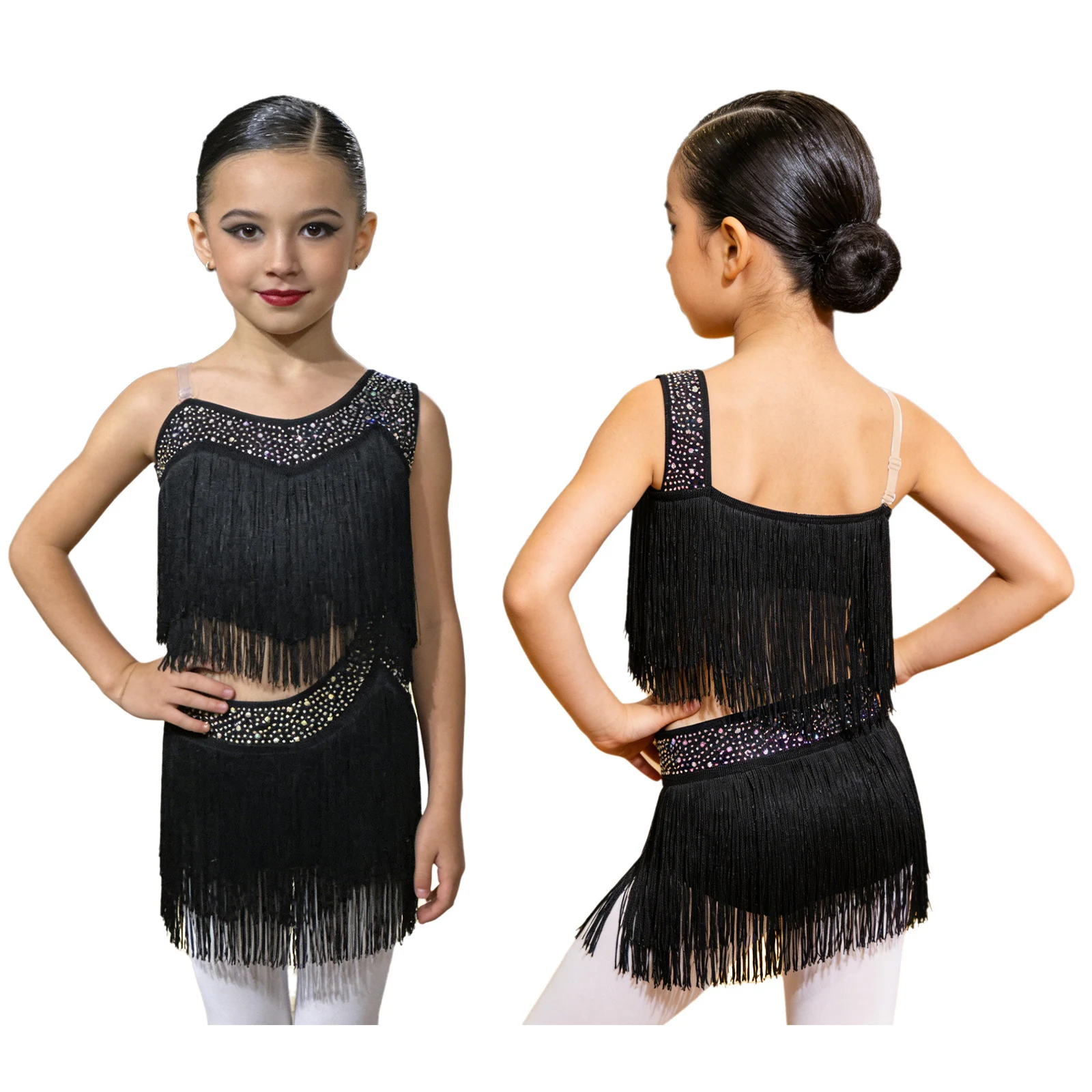6-16Y Girls Latin Jazz Dance Cha-Cha Rumba Samba Tango Salsa Performance Dress Shiny Rhinestones Cutout Tassel Leotard Dresses