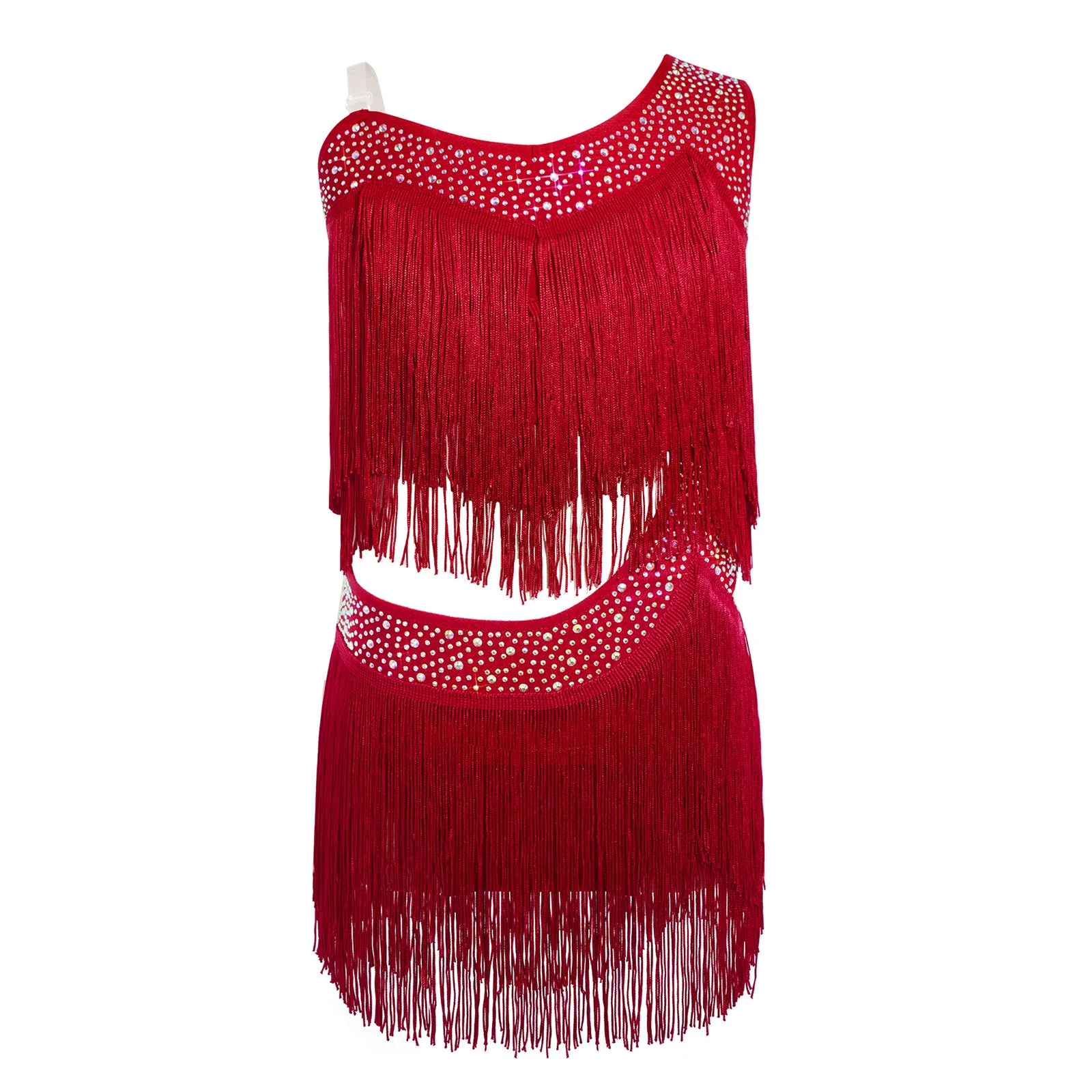 6-16Y Girls Latin Jazz Dance Cha-Cha Rumba Samba Tango Salsa Performance Dress Shiny Rhinestones Cutout Tassel Leotard Dresses
