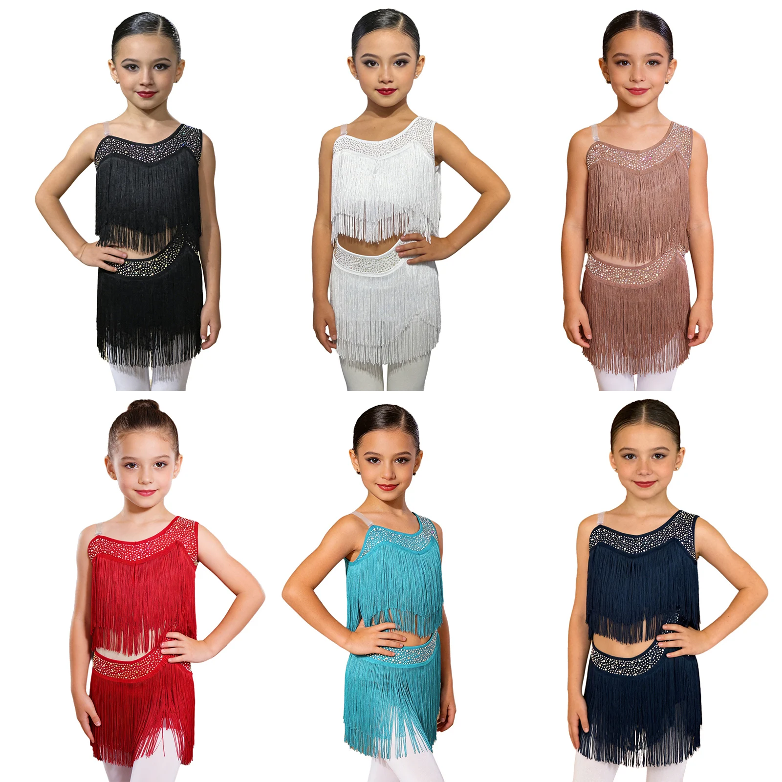 6-16Y Girls Latin Jazz Dance Cha-Cha Rumba Samba Tango Salsa Performance Dress Shiny Rhinestones Cutout Tassel Leotard Dresses