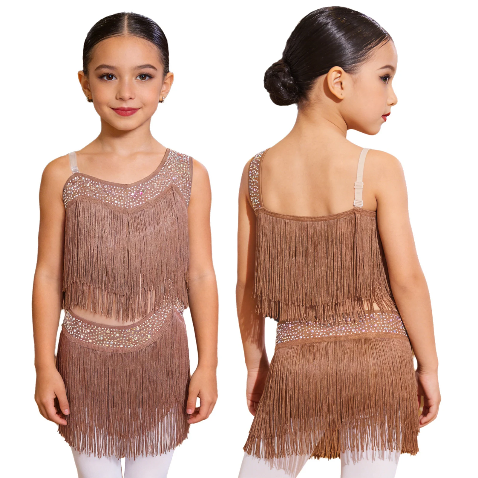 6-16Y Girls Latin Jazz Dance Cha-Cha Rumba Samba Tango Salsa Performance Dress Shiny Rhinestones Cutout Tassel Leotard Dresses