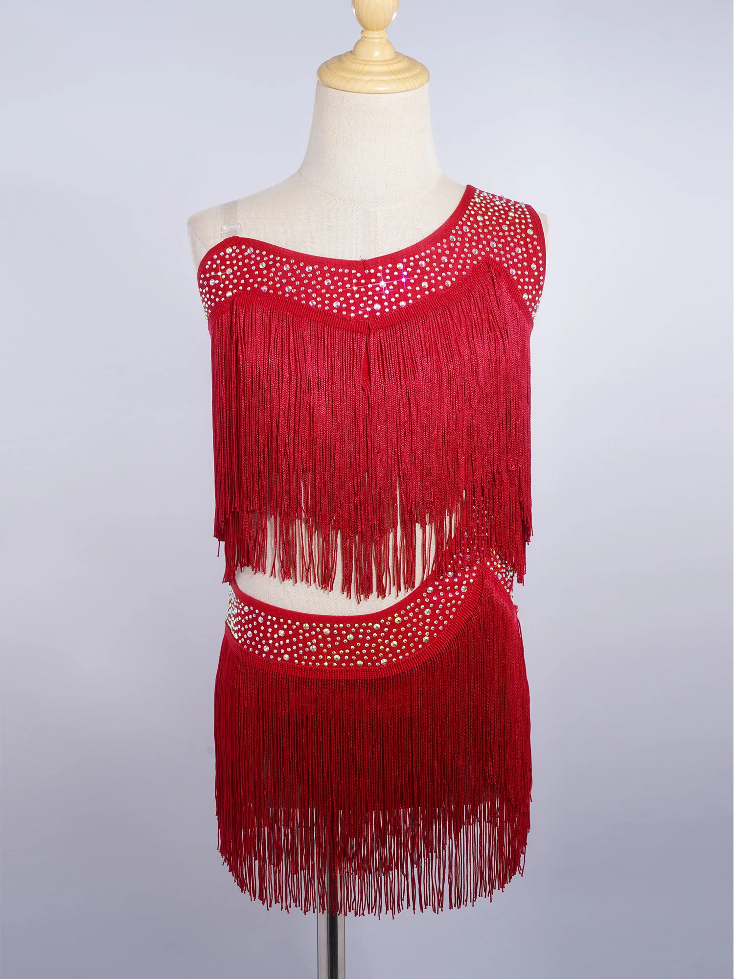 6-16Y Girls Latin Jazz Dance Cha-Cha Rumba Samba Tango Salsa Performance Dress Shiny Rhinestones Cutout Tassel Leotard Dresses