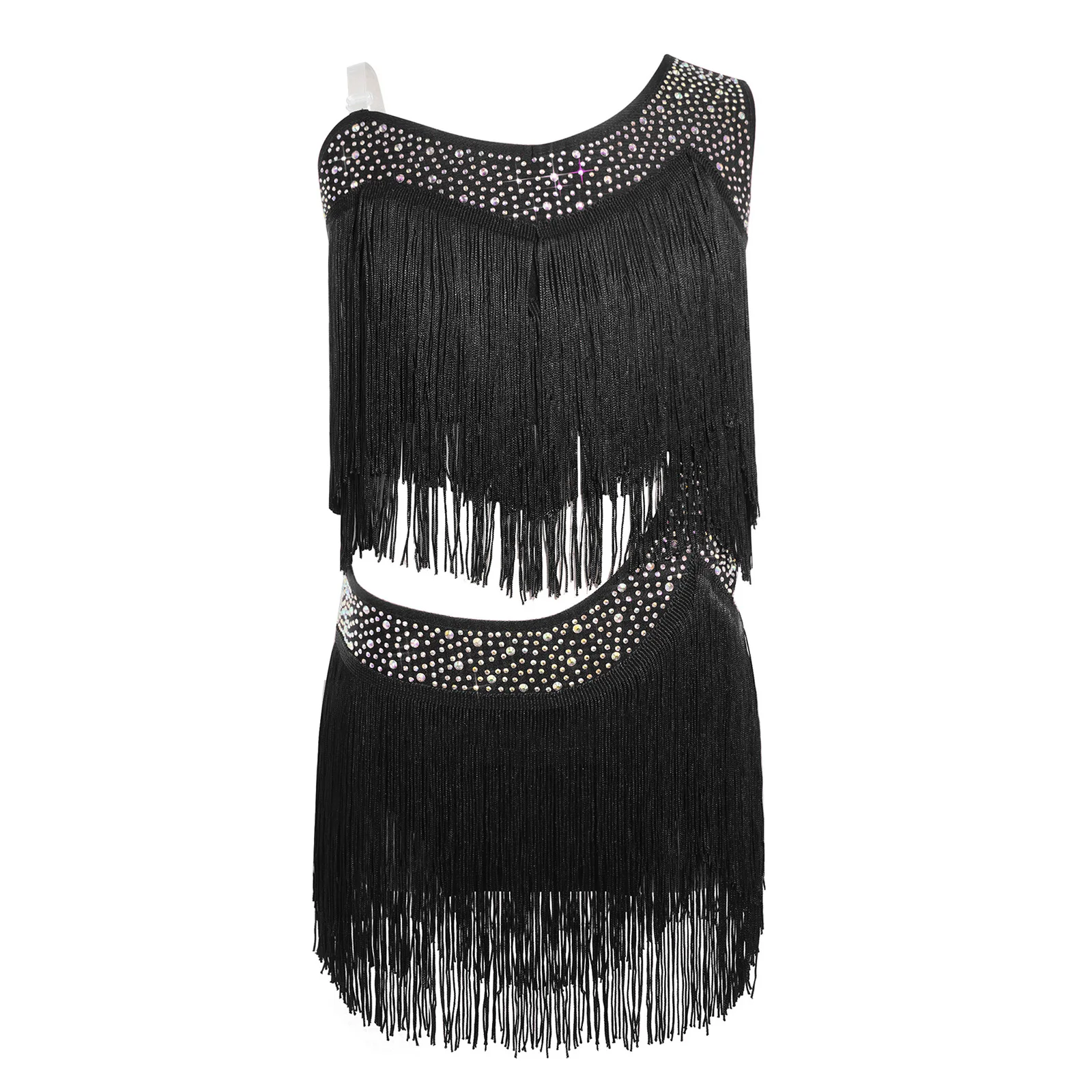 6-16Y Girls Latin Jazz Dance Cha-Cha Rumba Samba Tango Salsa Performance Dress Shiny Rhinestones Cutout Tassel Leotard Dresses