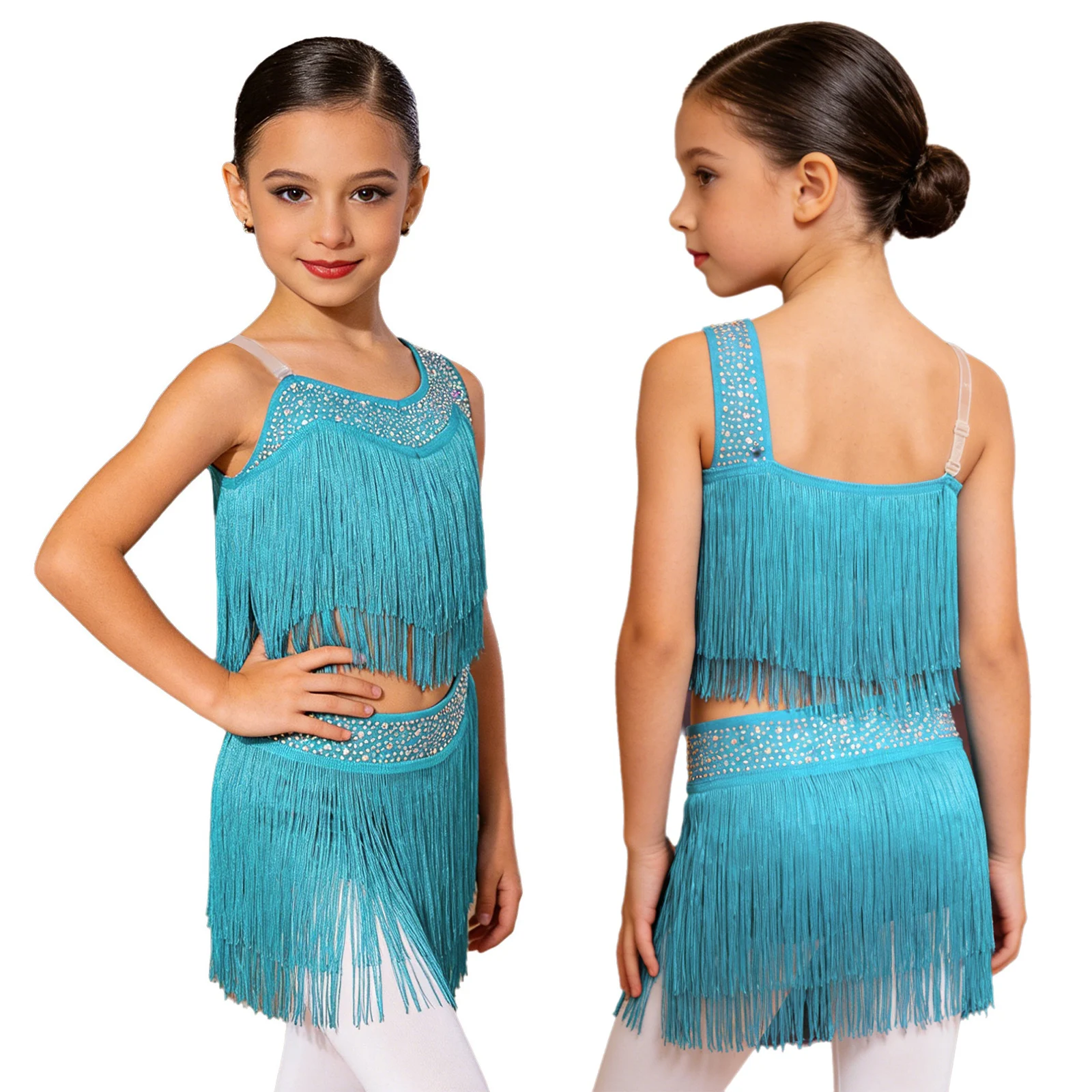 6-16Y Girls Latin Jazz Dance Cha-Cha Rumba Samba Tango Salsa Performance Dress Shiny Rhinestones Cutout Tassel Leotard Dresses