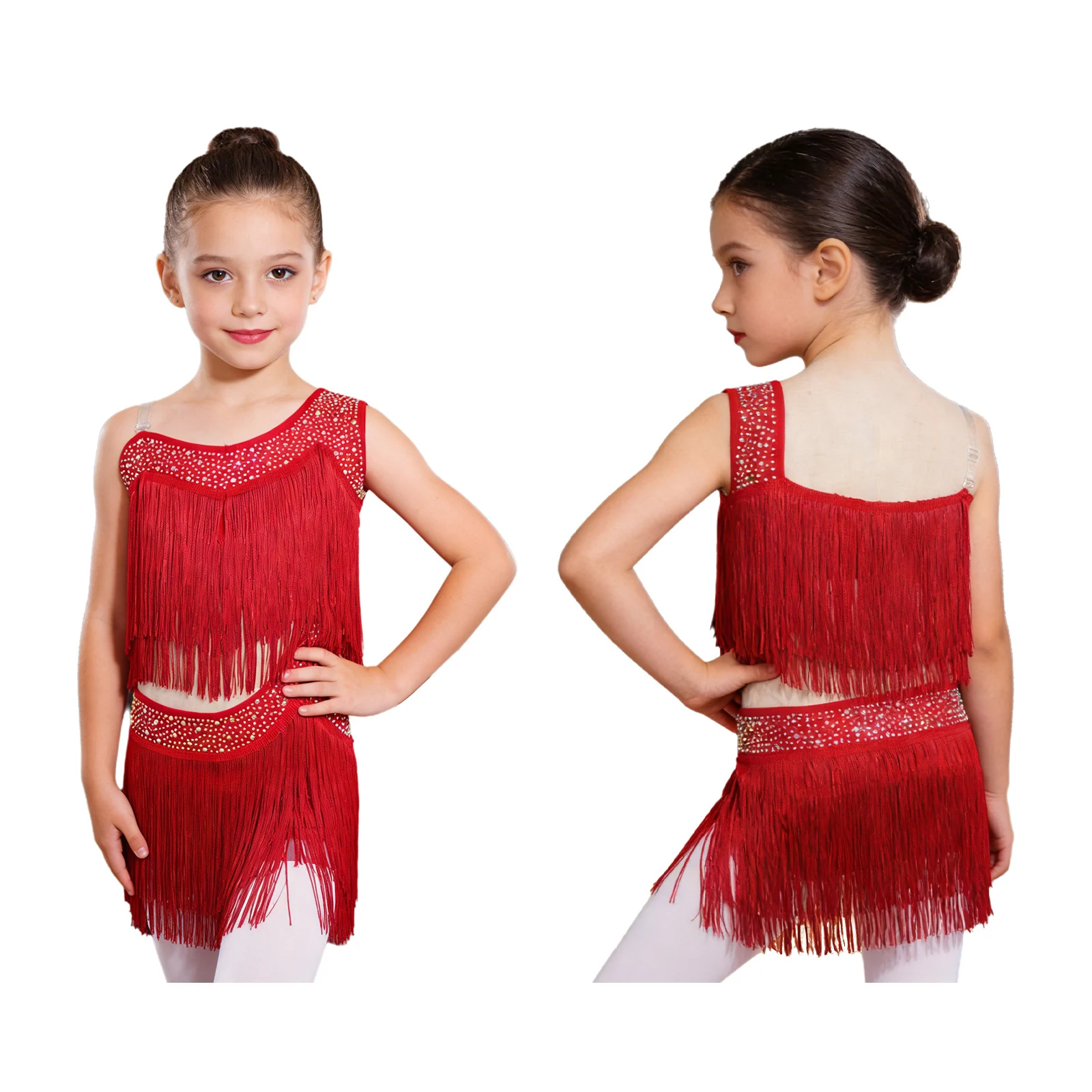 6-16Y Girls Latin Jazz Dance Cha-Cha Rumba Samba Tango Salsa Performance Dress Shiny Rhinestones Cutout Tassel Leotard Dresses