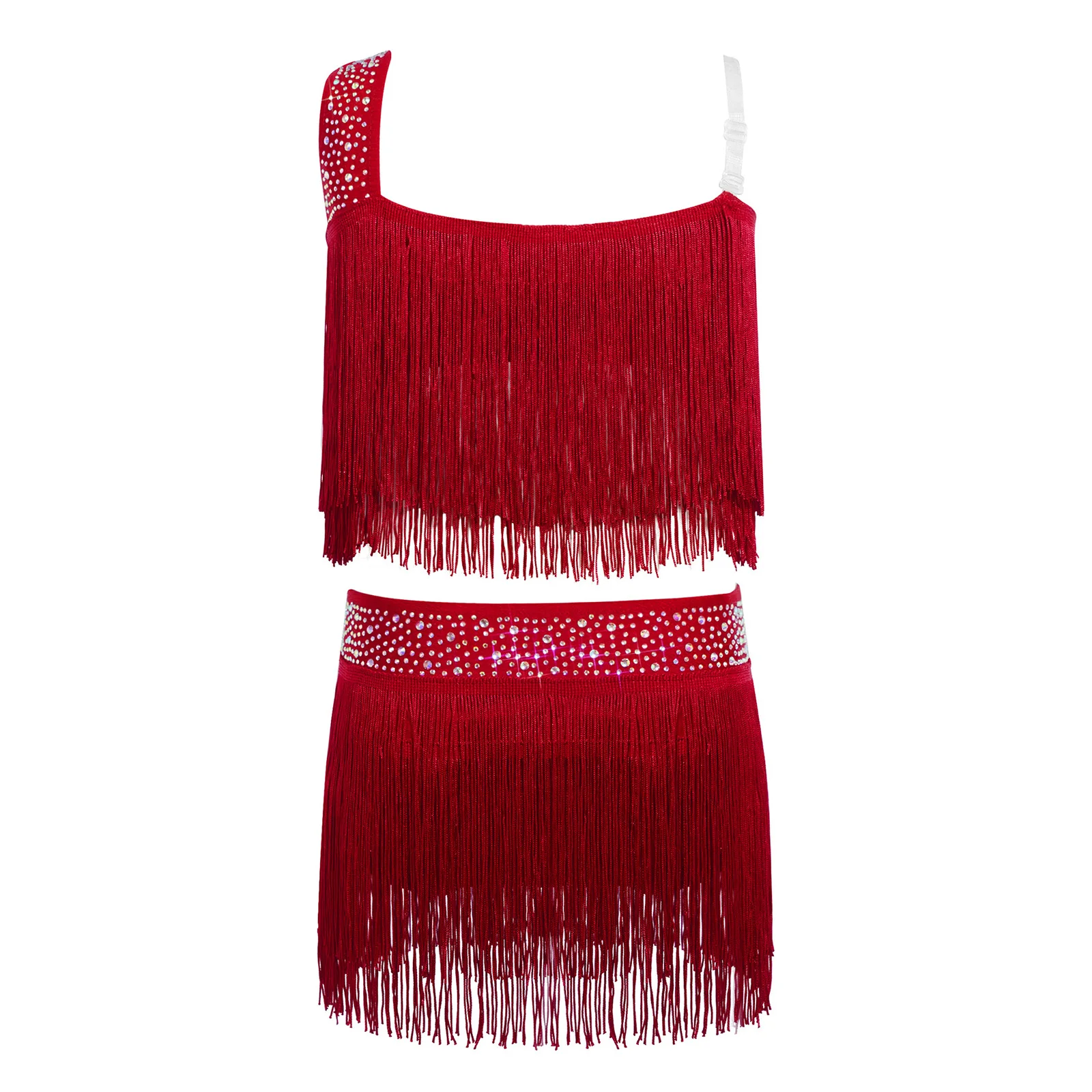 6-16Y Girls Latin Jazz Dance Cha-Cha Rumba Samba Tango Salsa Performance Dress Shiny Rhinestones Cutout Tassel Leotard Dresses