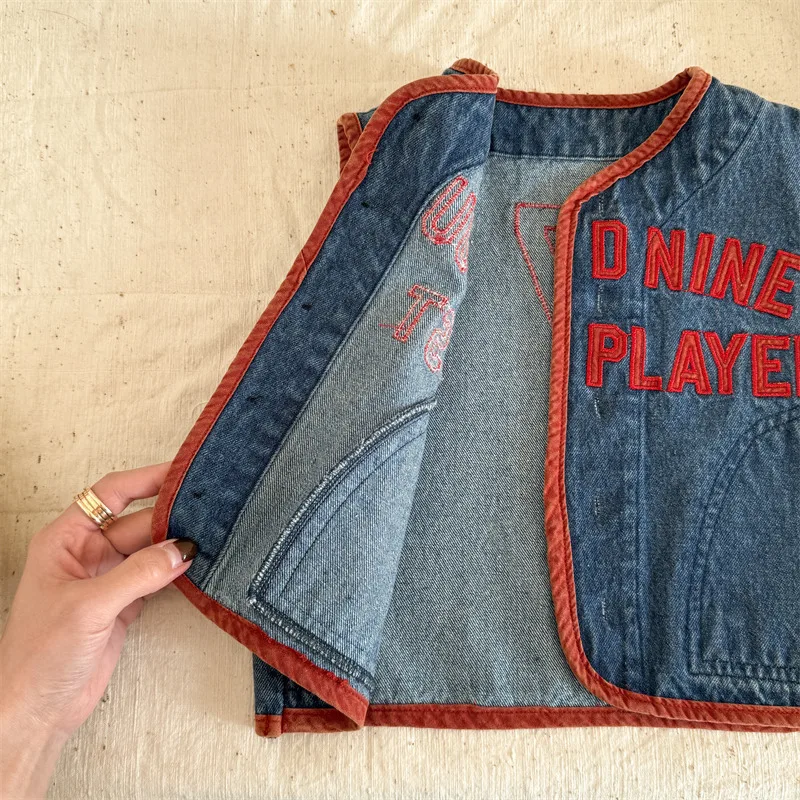New Children's Vest 2025 Spring Autumn Letter Embroidery Girls Boys Shoulder Sleeveless Jacket Baby Casual Denim Waistcoat