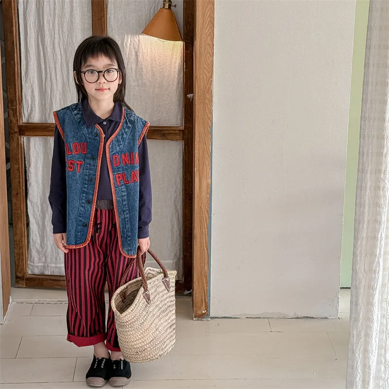 New Children's Vest 2025 Spring Autumn Letter Embroidery Girls Boys Shoulder Sleeveless Jacket Baby Casual Denim Waistcoat