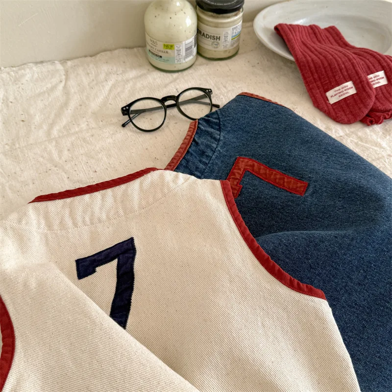 New Children's Vest 2025 Spring Autumn Letter Embroidery Girls Boys Shoulder Sleeveless Jacket Baby Casual Denim Waistcoat