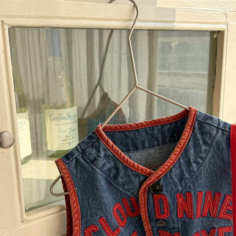 New Children's Vest 2025 Spring Autumn Letter Embroidery Girls Boys Shoulder Sleeveless Jacket Baby Casual Denim Waistcoat