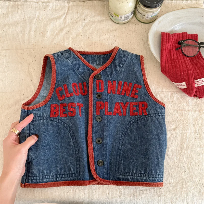 New Children's Vest 2025 Spring Autumn Letter Embroidery Girls Boys Shoulder Sleeveless Jacket Baby Casual Denim Waistcoat