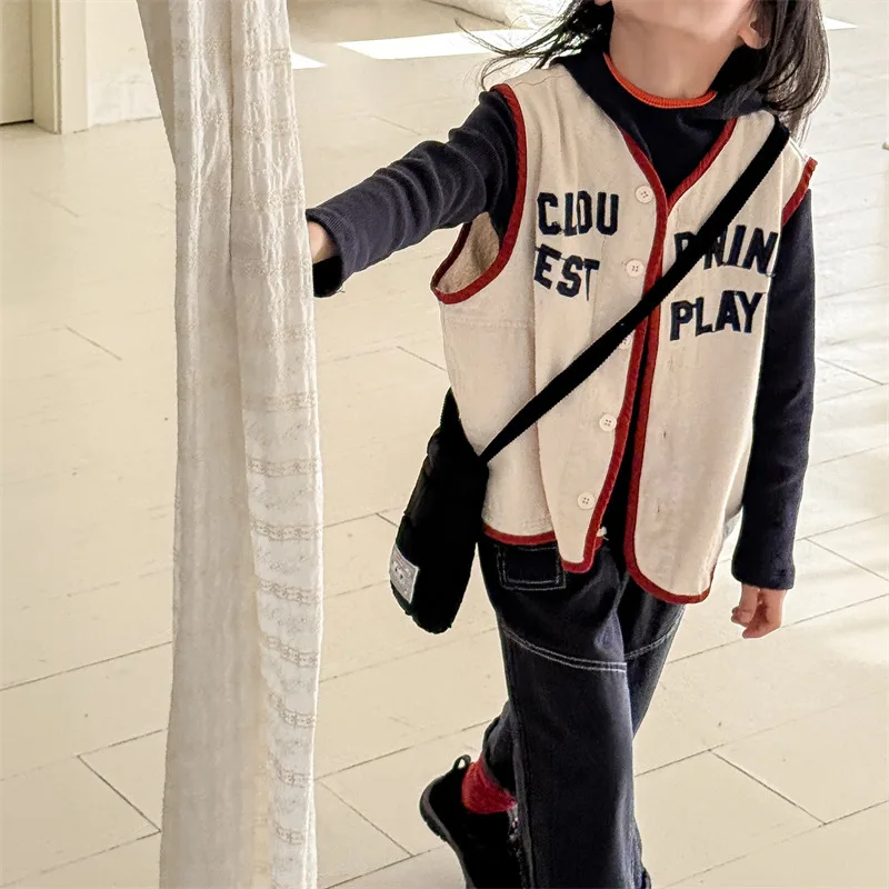 New Children's Vest 2025 Spring Autumn Letter Embroidery Girls Boys Shoulder Sleeveless Jacket Baby Casual Denim Waistcoat