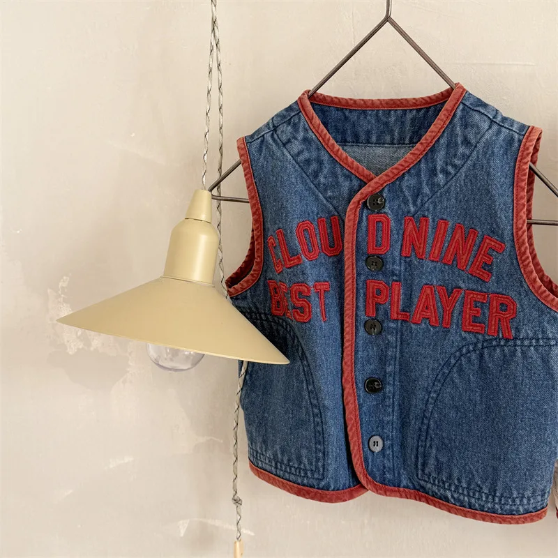 New Children's Vest 2025 Spring Autumn Letter Embroidery Girls Boys Shoulder Sleeveless Jacket Baby Casual Denim Waistcoat