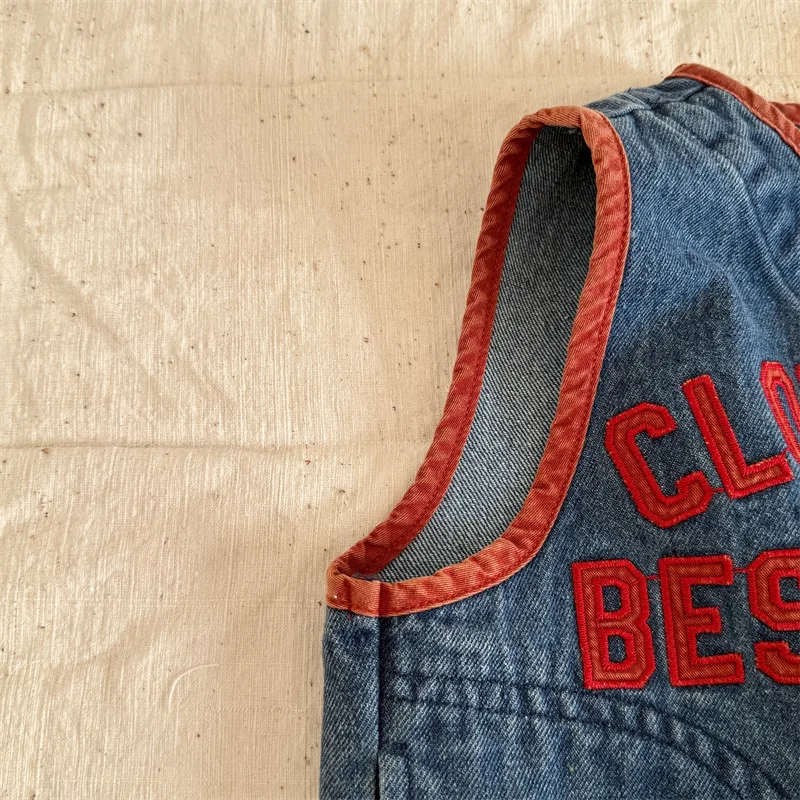 New Children's Vest 2025 Spring Autumn Letter Embroidery Girls Boys Shoulder Sleeveless Jacket Baby Casual Denim Waistcoat