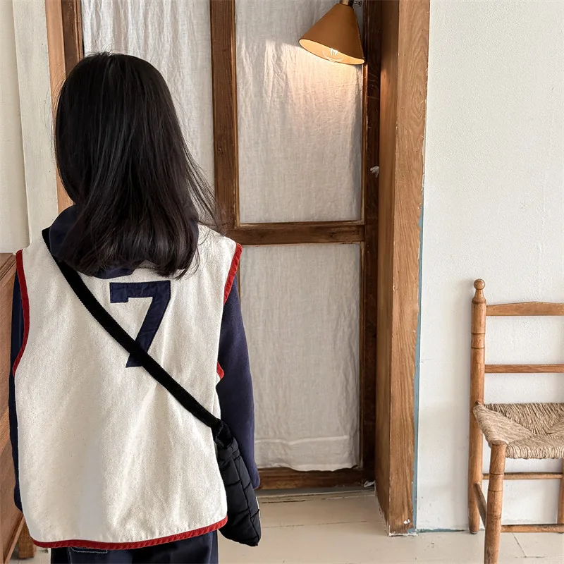 New Children's Vest 2025 Spring Autumn Letter Embroidery Girls Boys Shoulder Sleeveless Jacket Baby Casual Denim Waistcoat