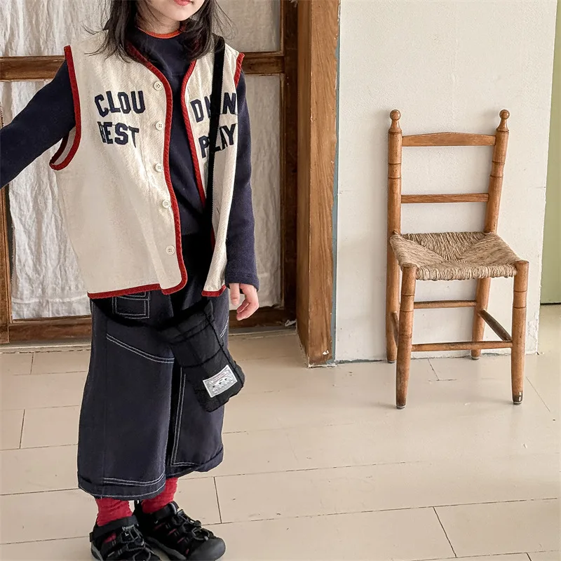 New Children's Vest 2025 Spring Autumn Letter Embroidery Girls Boys Shoulder Sleeveless Jacket Baby Casual Denim Waistcoat