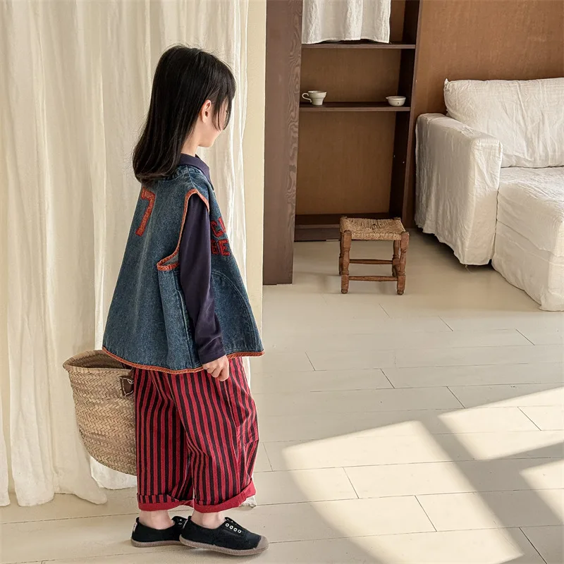 New Children's Vest 2025 Spring Autumn Letter Embroidery Girls Boys Shoulder Sleeveless Jacket Baby Casual Denim Waistcoat