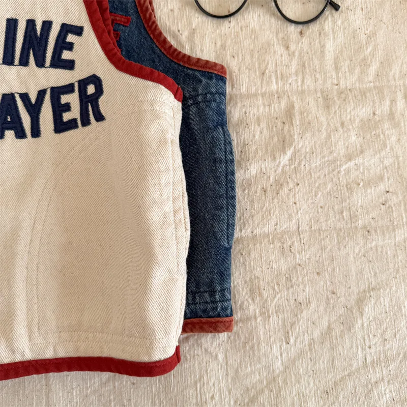 New Children's Vest 2025 Spring Autumn Letter Embroidery Girls Boys Shoulder Sleeveless Jacket Baby Casual Denim Waistcoat