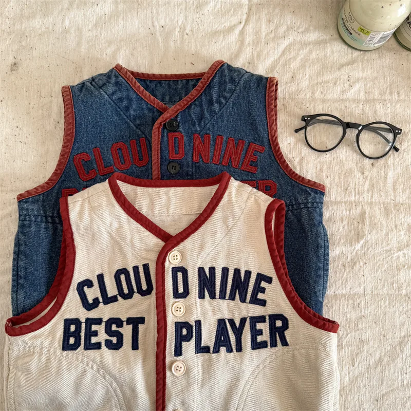 New Children's Vest 2025 Spring Autumn Letter Embroidery Girls Boys Shoulder Sleeveless Jacket Baby Casual Denim Waistcoat