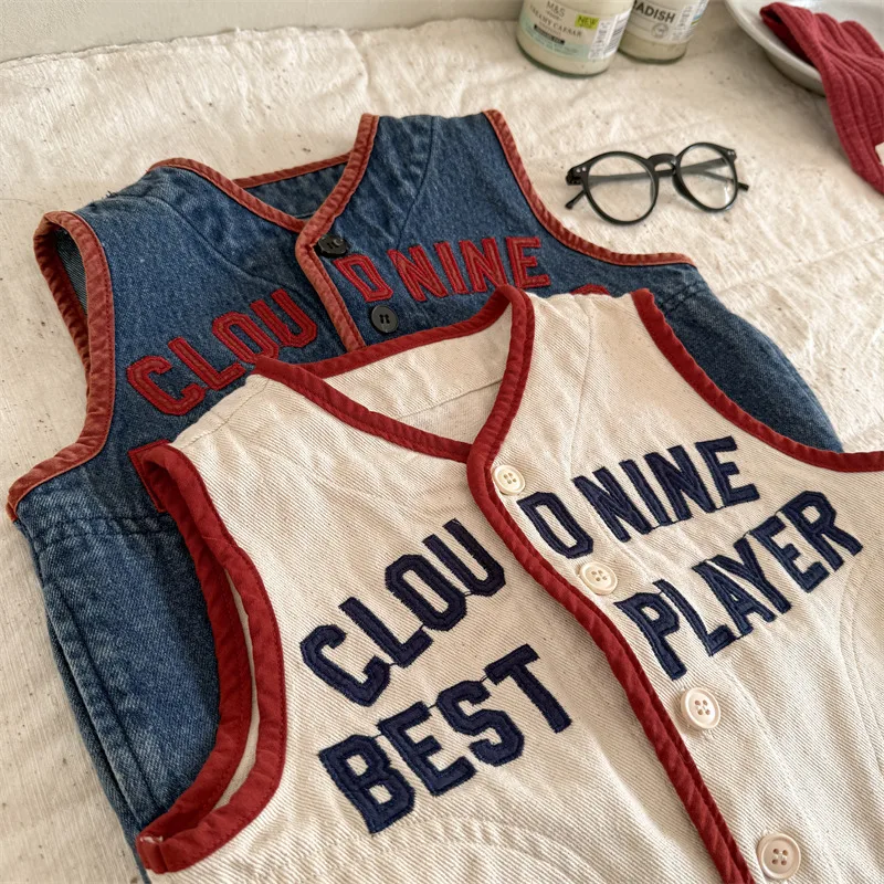 New Children's Vest 2025 Spring Autumn Letter Embroidery Girls Boys Shoulder Sleeveless Jacket Baby Casual Denim Waistcoat