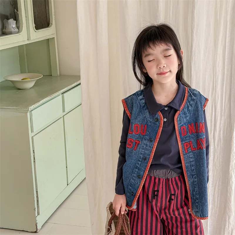 New Children's Vest 2025 Spring Autumn Letter Embroidery Girls Boys Shoulder Sleeveless Jacket Baby Casual Denim Waistcoat