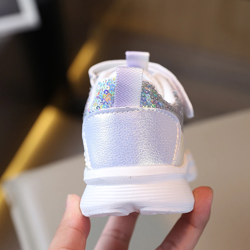 Girls Sequined Casual Sneakers, Kids Magic Tape Fashion Daily Walking Shoes