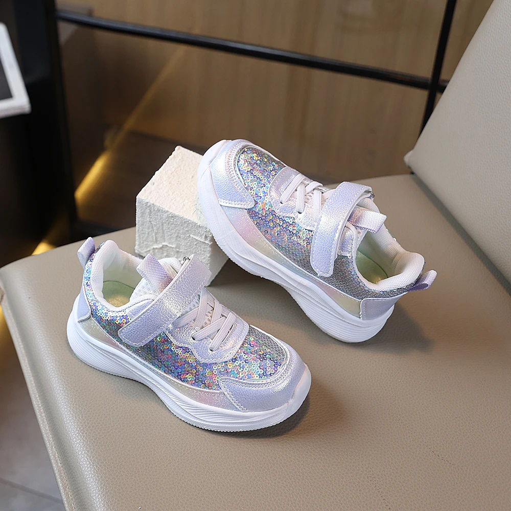 Girls Sequined Casual Sneakers, Kids Magic Tape Fashion Daily Walking Shoes