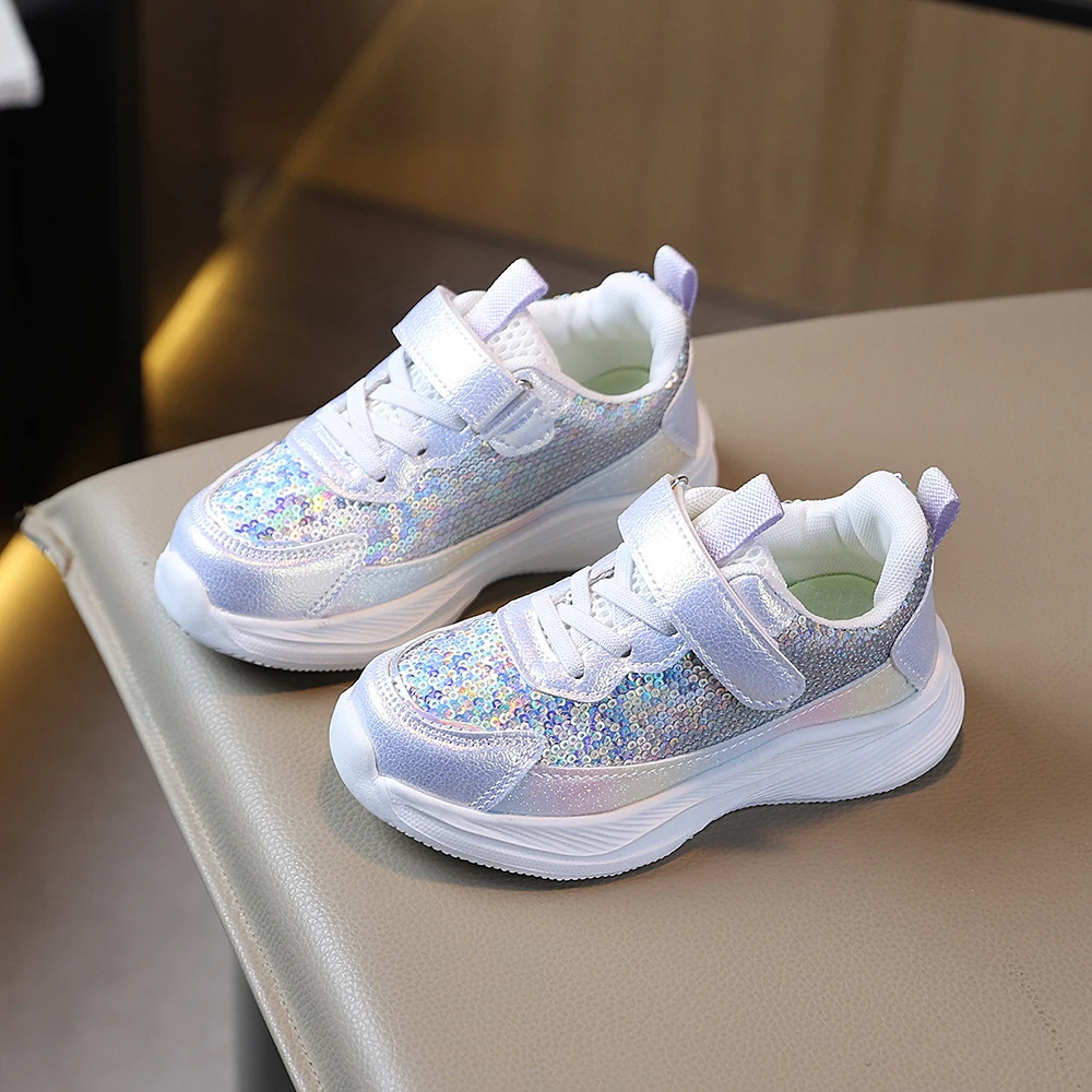 Girls Sequined Casual Sneakers, Kids Magic Tape Fashion Daily Walking Shoes