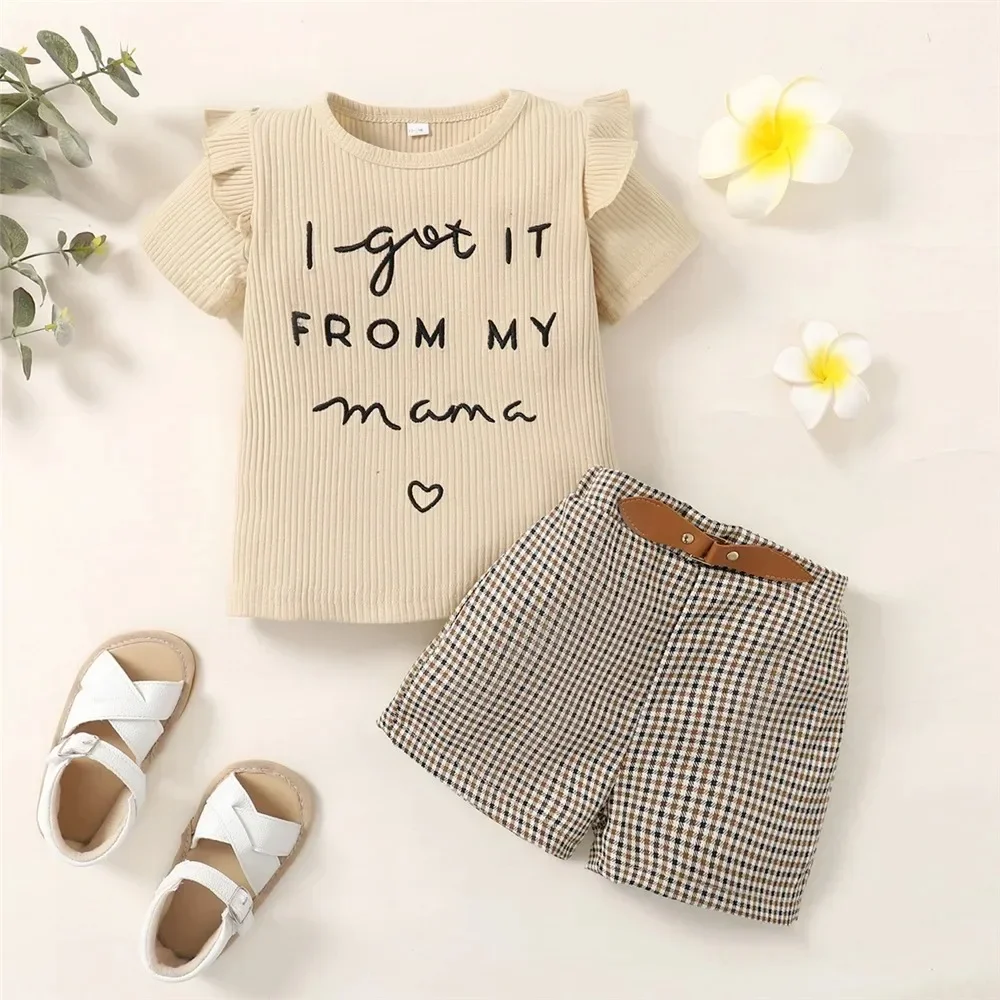 2PCS Toddler Baby Girl Clothing Set Letter Print Short Sleeve Top+Checkered Shorts Fashion Casual Suits for Kids Girl 1-6 Years