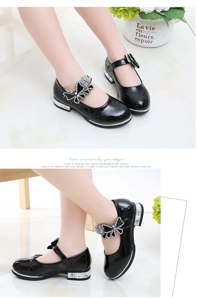 Girls Leather Shoes for Party Wedding Kids Performance Shoes with Butterfly-knot Fashion Children High Heels Rhinestone Shoes