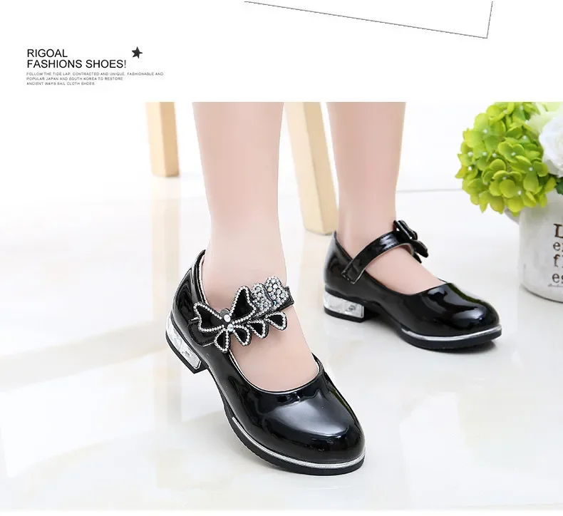 Girls Leather Shoes for Party Wedding Kids Performance Shoes with Butterfly-knot Fashion Children High Heels Rhinestone Shoes
