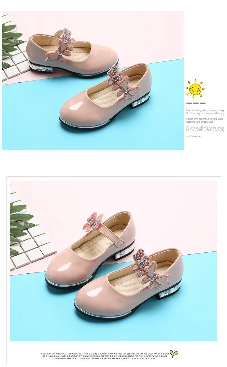 Girls Leather Shoes for Party Wedding Kids Performance Shoes with Butterfly-knot Fashion Children High Heels Rhinestone Shoes