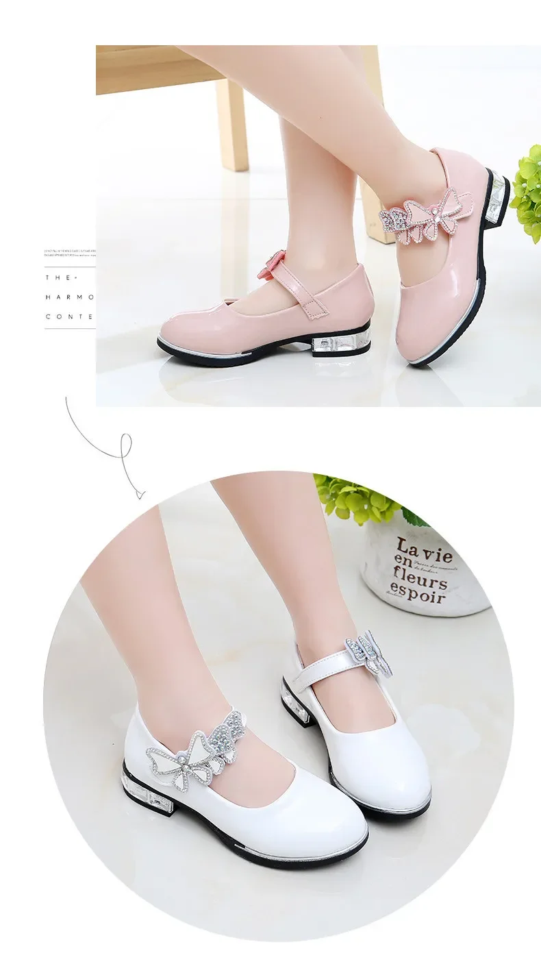 Girls Leather Shoes for Party Wedding Kids Performance Shoes with Butterfly-knot Fashion Children High Heels Rhinestone Shoes