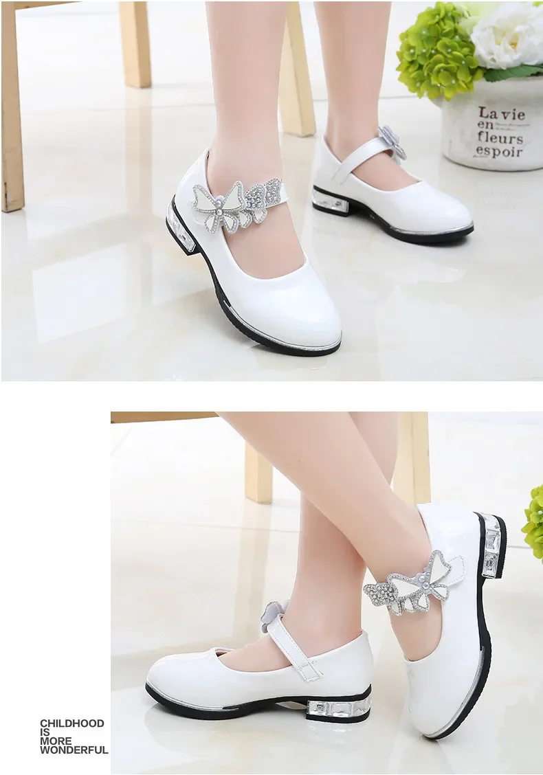 Girls Leather Shoes for Party Wedding Kids Performance Shoes with Butterfly-knot Fashion Children High Heels Rhinestone Shoes