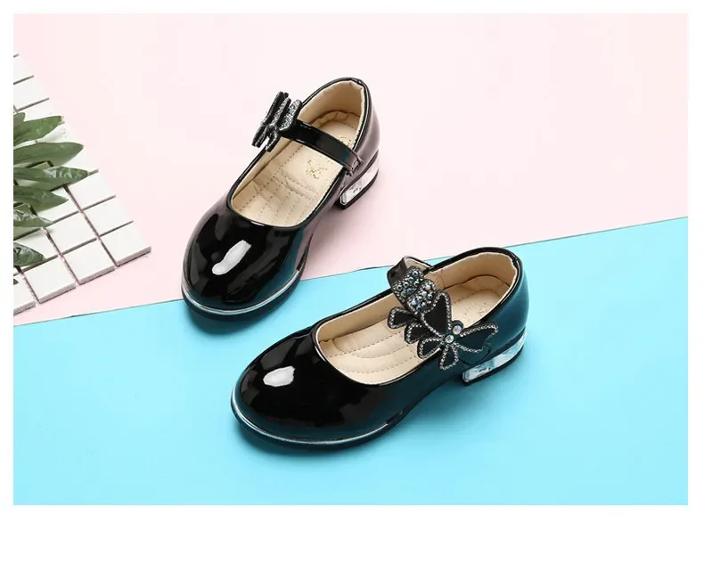 Girls Leather Shoes for Party Wedding Kids Performance Shoes with Butterfly-knot Fashion Children High Heels Rhinestone Shoes