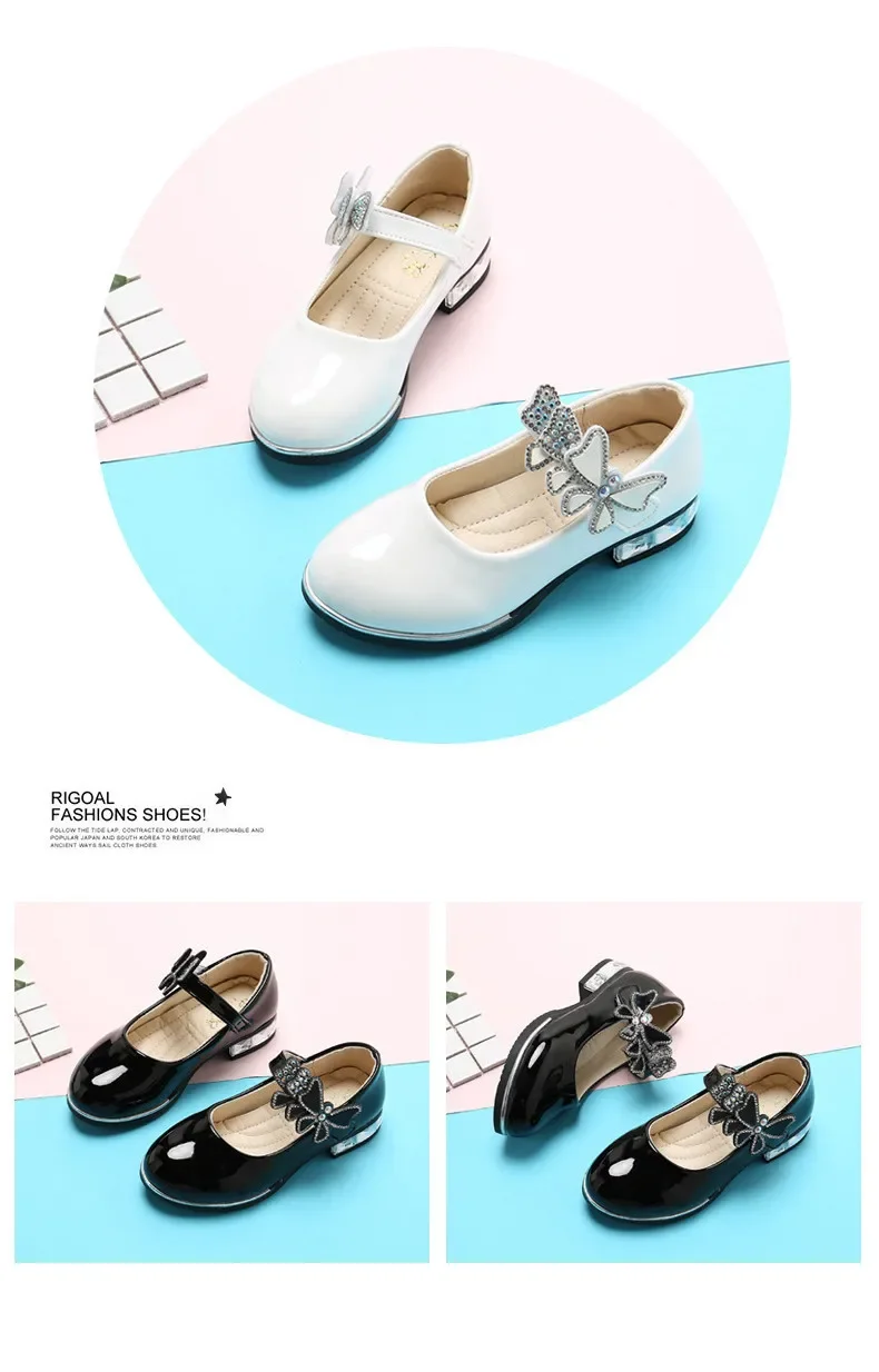 Girls Leather Shoes for Party Wedding Kids Performance Shoes with Butterfly-knot Fashion Children High Heels Rhinestone Shoes