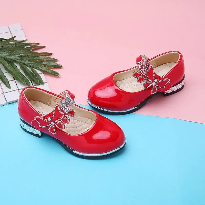 Girls Leather Shoes for Party Wedding Kids Performance Shoes with Butterfly-knot Fashion Children High Heels Rhinestone Shoes