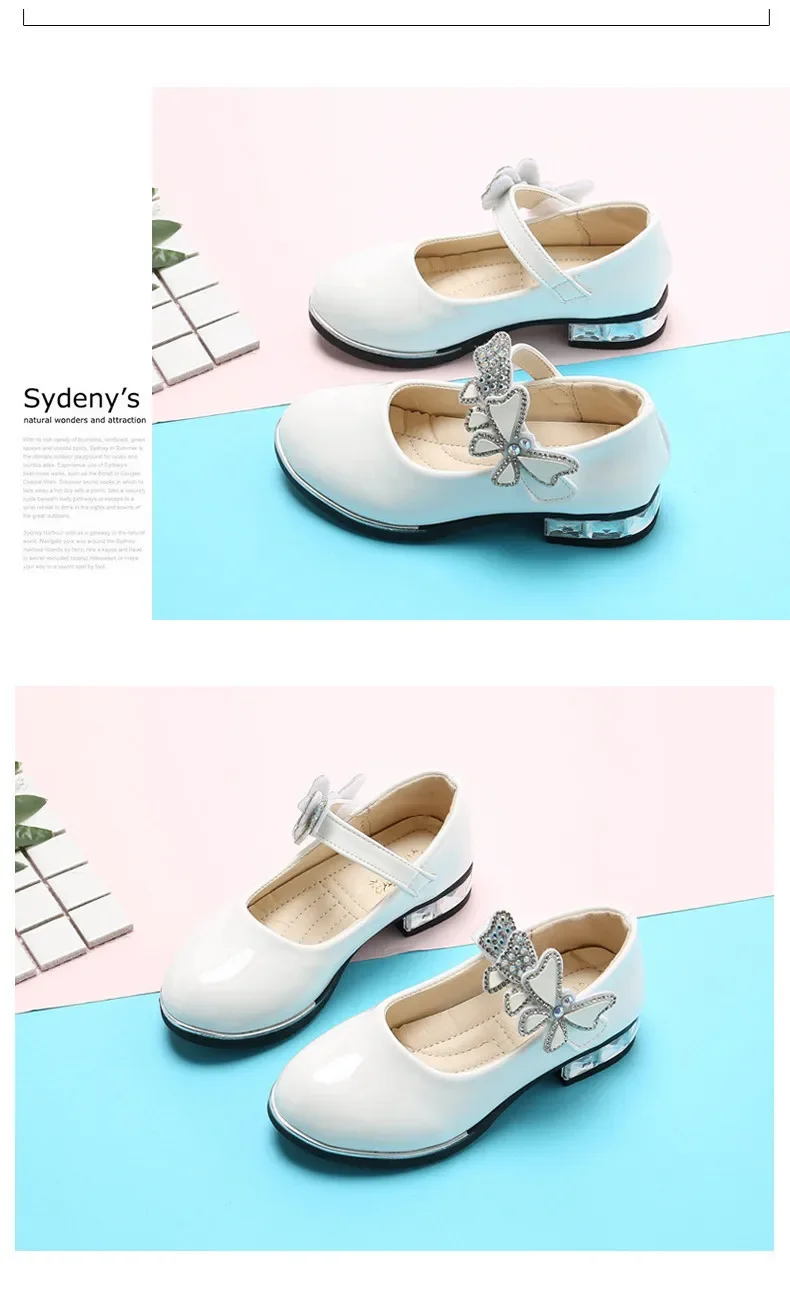 Girls Leather Shoes for Party Wedding Kids Performance Shoes with Butterfly-knot Fashion Children High Heels Rhinestone Shoes