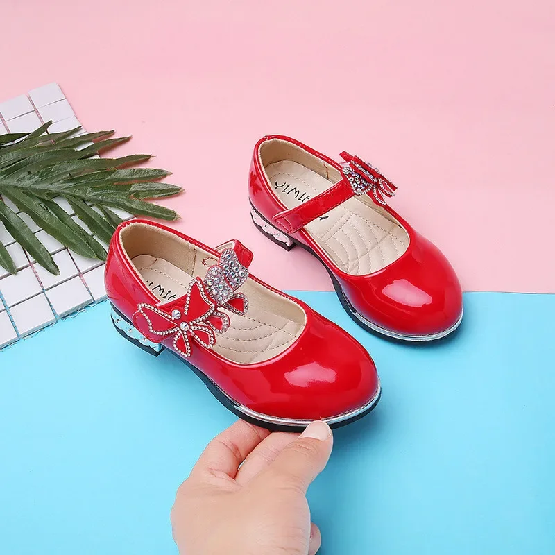 Girls Leather Shoes for Party Wedding Kids Performance Shoes with Butterfly-knot Fashion Children High Heels Rhinestone Shoes