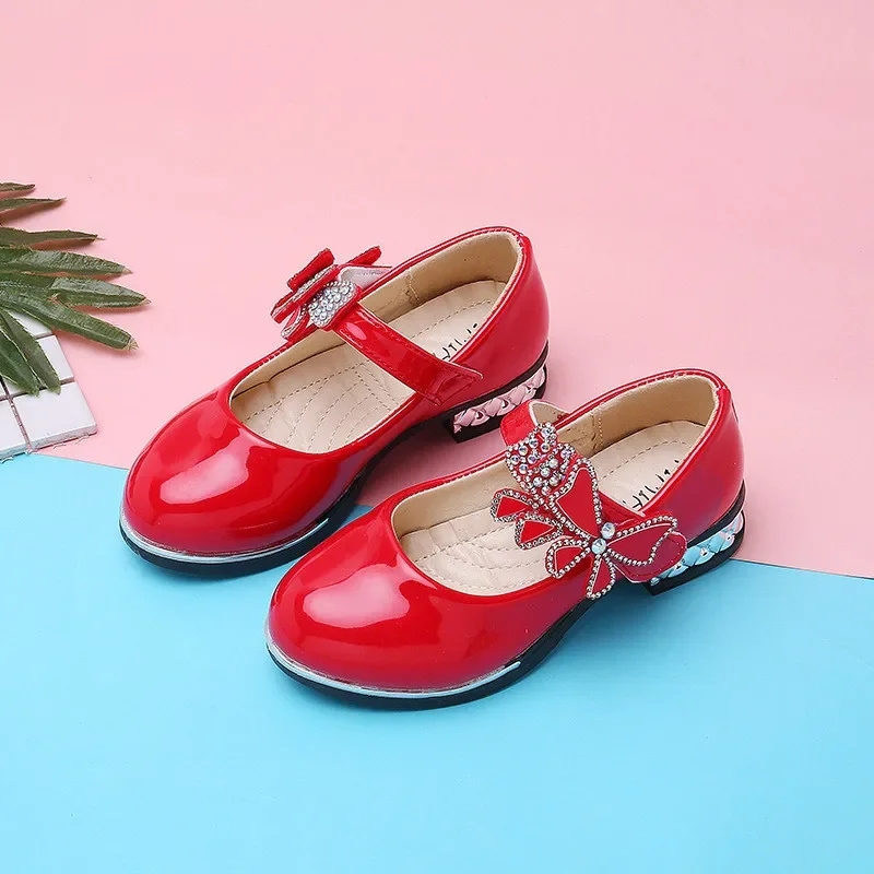 Girls Leather Shoes for Party Wedding Kids Performance Shoes with Butterfly-knot Fashion Children High Heels Rhinestone Shoes